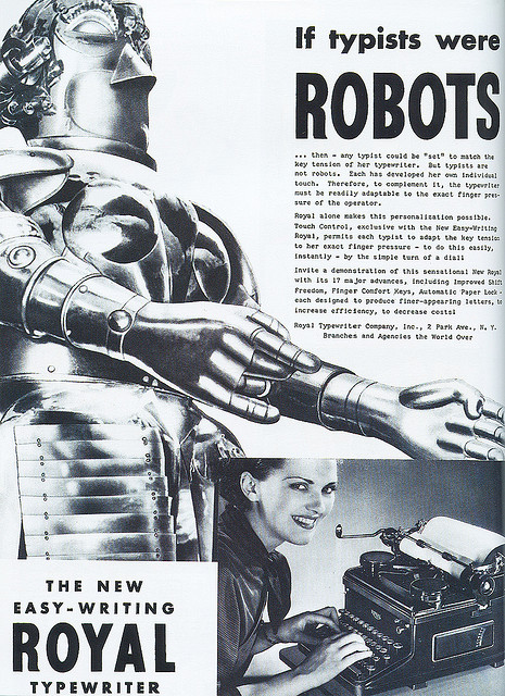 Vintage advertisement comparing female typists to robots.